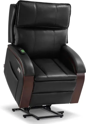MCombo Power Lift Recliner Chair Sofa with Massage and Heat, Adjustable Headrest for Elderly People, Solid Wood Armrest, USB Ports, Side Pockets, Faux Leather 7917 (Black, Medium)