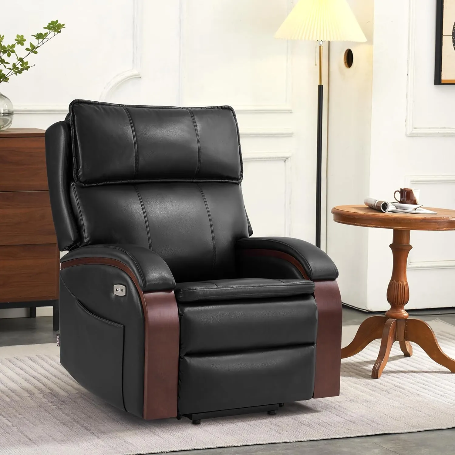 MCombo Power Lift Recliner Chair Sofa with Massage and Heat, Adjustable Headrest for Elderly People, Solid Wood Armrest, USB Ports, Side Pockets, Faux Leather 7917 (Black, Medium)