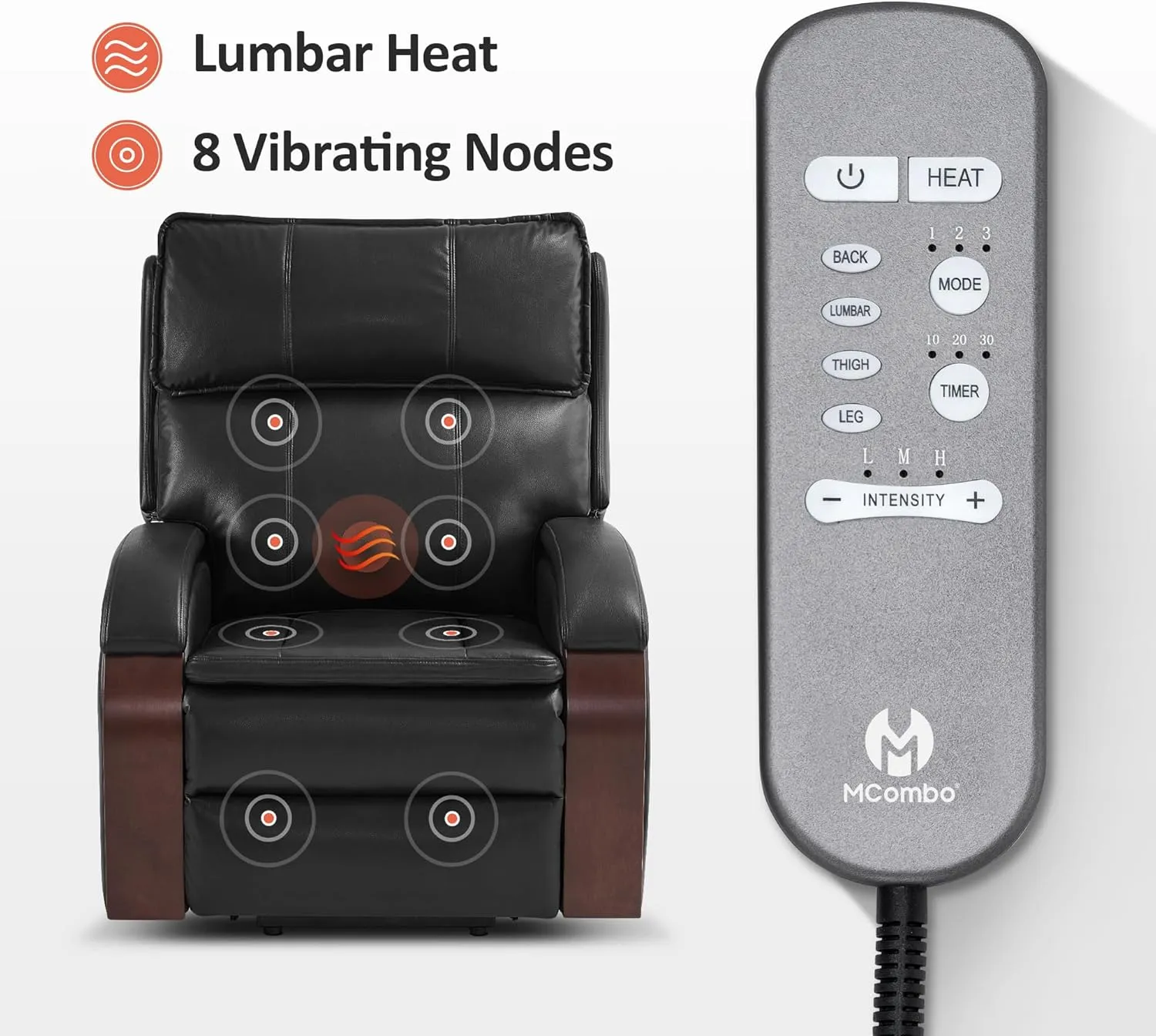 MCombo Power Lift Recliner Chair Sofa with Massage and Heat, Adjustable Headrest for Elderly People, Solid Wood Armrest, USB Ports, Side Pockets, Faux Leather 7917 (Black, Medium)