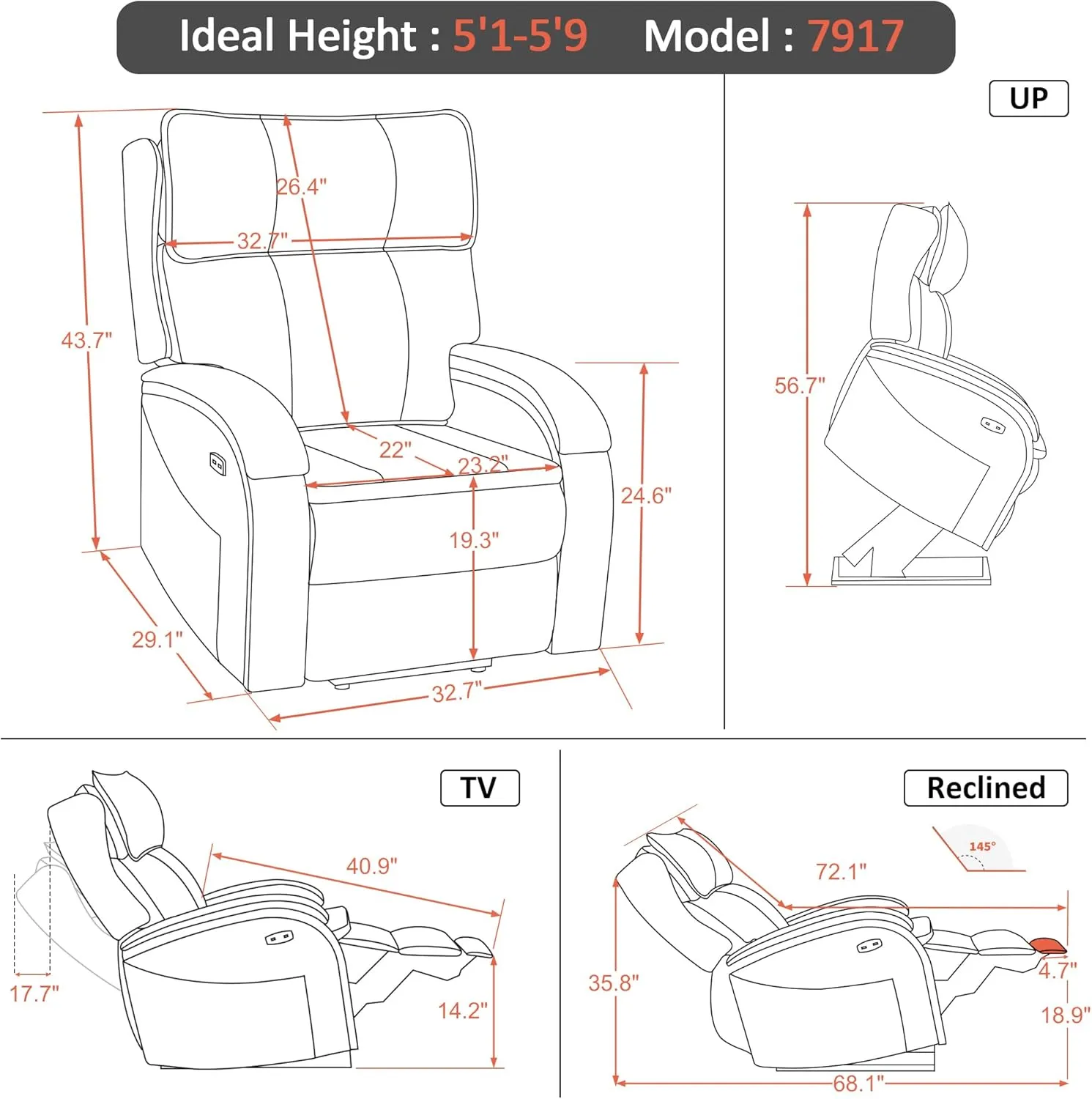 MCombo Power Lift Recliner Chair Sofa with Massage and Heat, Adjustable Headrest for Elderly People, Solid Wood Armrest, USB Ports, Side Pockets, Faux Leather 7917 (Black, Medium)
