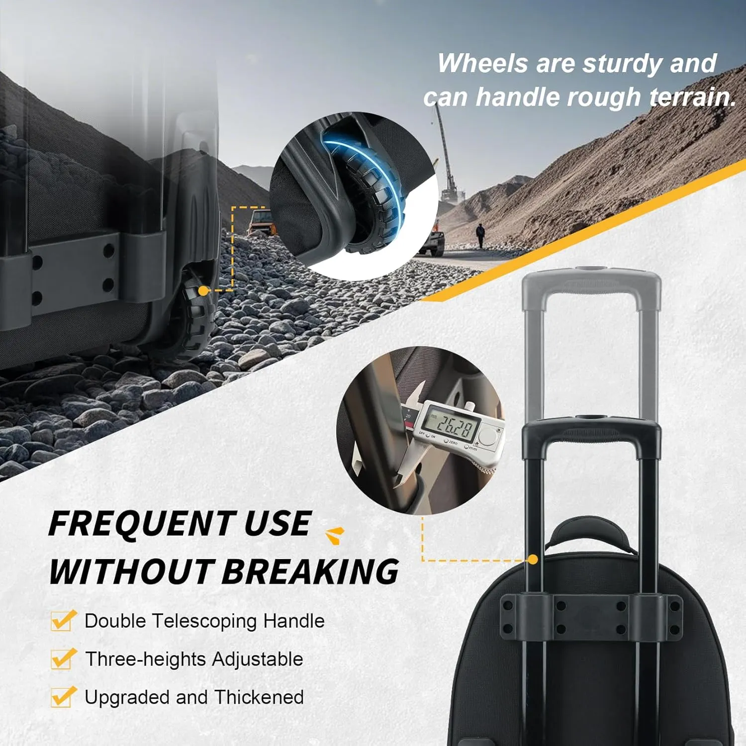 MELOTOUGH Rolling Tool Bag with Telescoping Handle Wheeled Heavy Duty Rolling Electrican Tote Bag with Wheels,for Men Wheels Tool Bag for Contractors, Technicians, Trave,Tradesmen(Yellow)