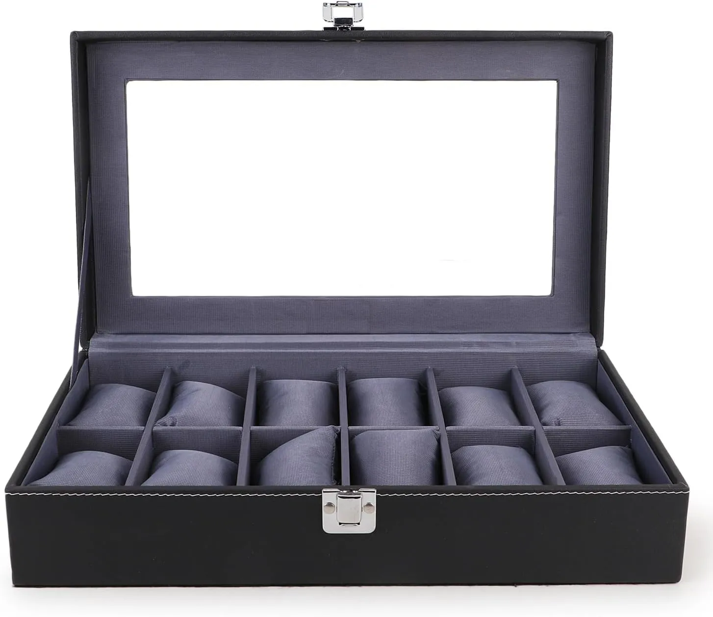 Men's and Women's Watch Box Holder Organizer Case in 12 Slots of Watches in PU Leather with Black & Gray