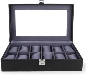 Men's and Women's Watch Box Holder Organizer Case in 12 Slots of Watches in PU Leather with Black & Gray