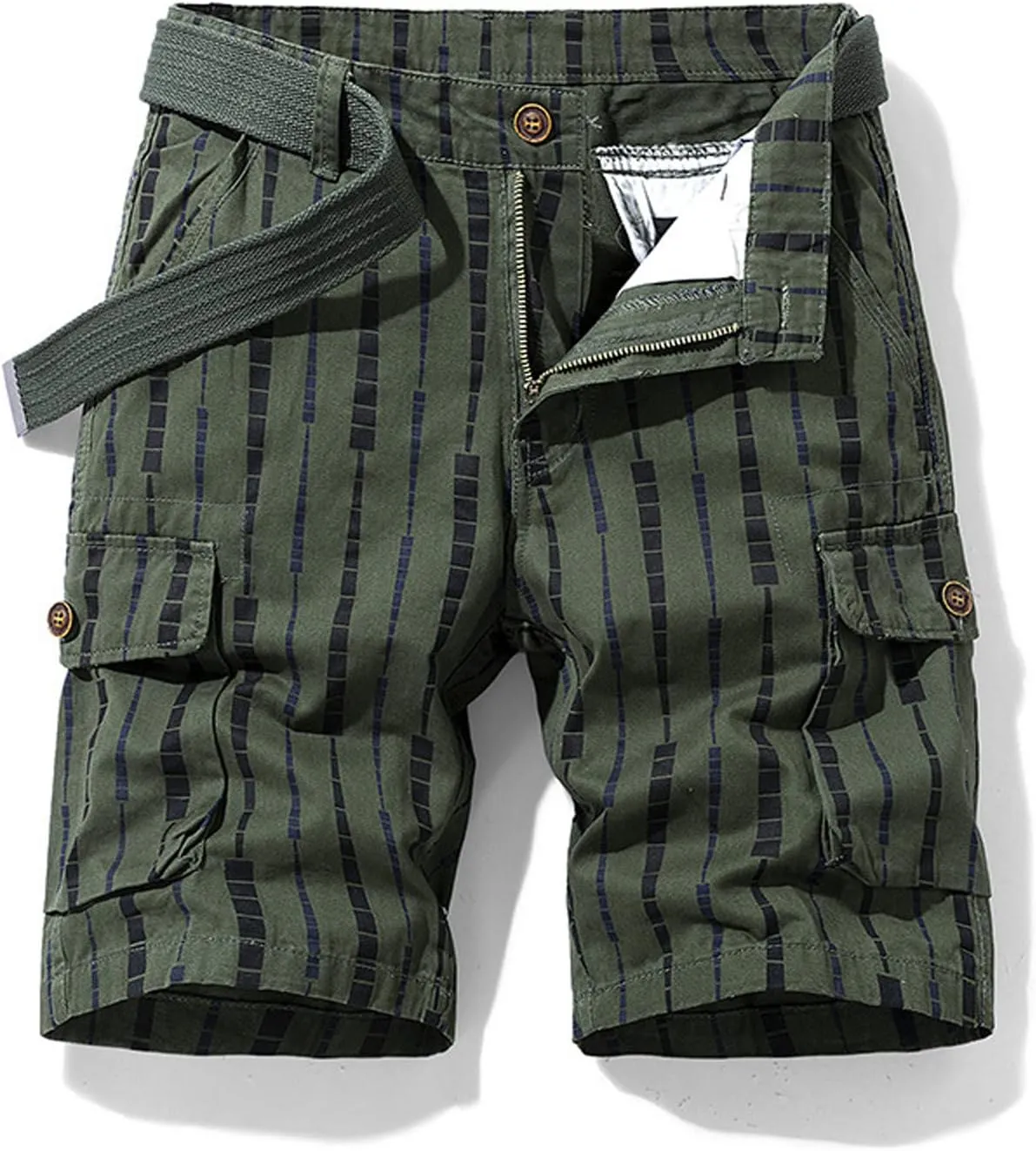 Men's Athletic Shorts Classic Fit Cotton Striped Multi Pockets Cargo Shorts Fashion Outdoor Buckle Zipper Shorts