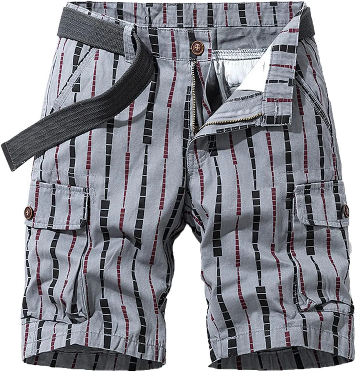 Men's Athletic Shorts Classic Fit Cotton Striped Multi Pockets Cargo Shorts Fashion Outdoor Buckle Zipper Shorts