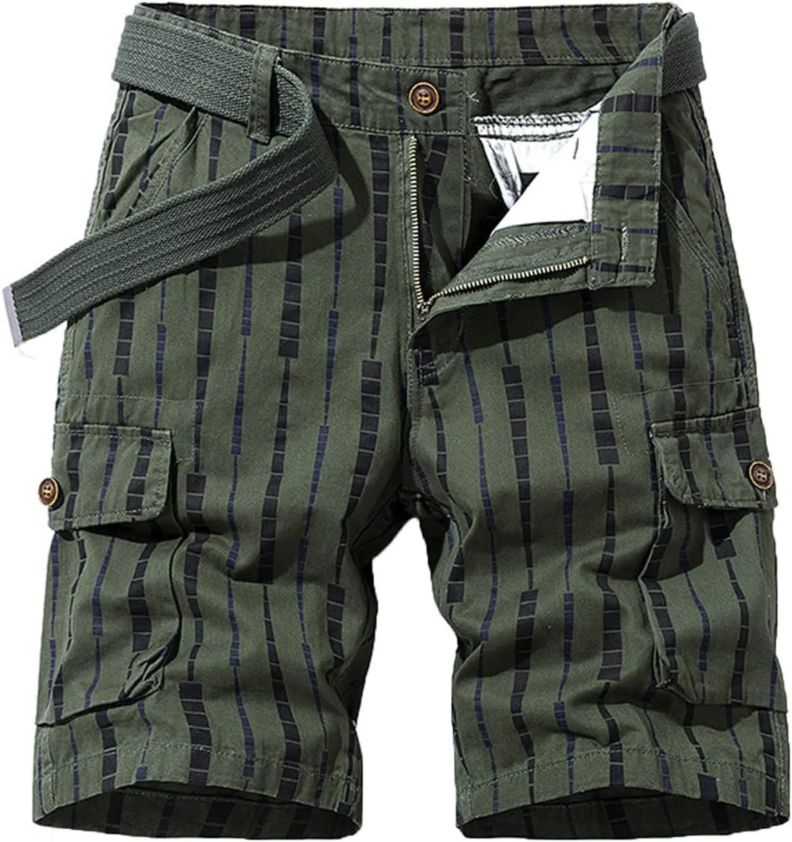 Men's Athletic Shorts Classic Fit Cotton Striped Multi Pockets Cargo Shorts Fashion Outdoor Buckle Zipper Shorts
