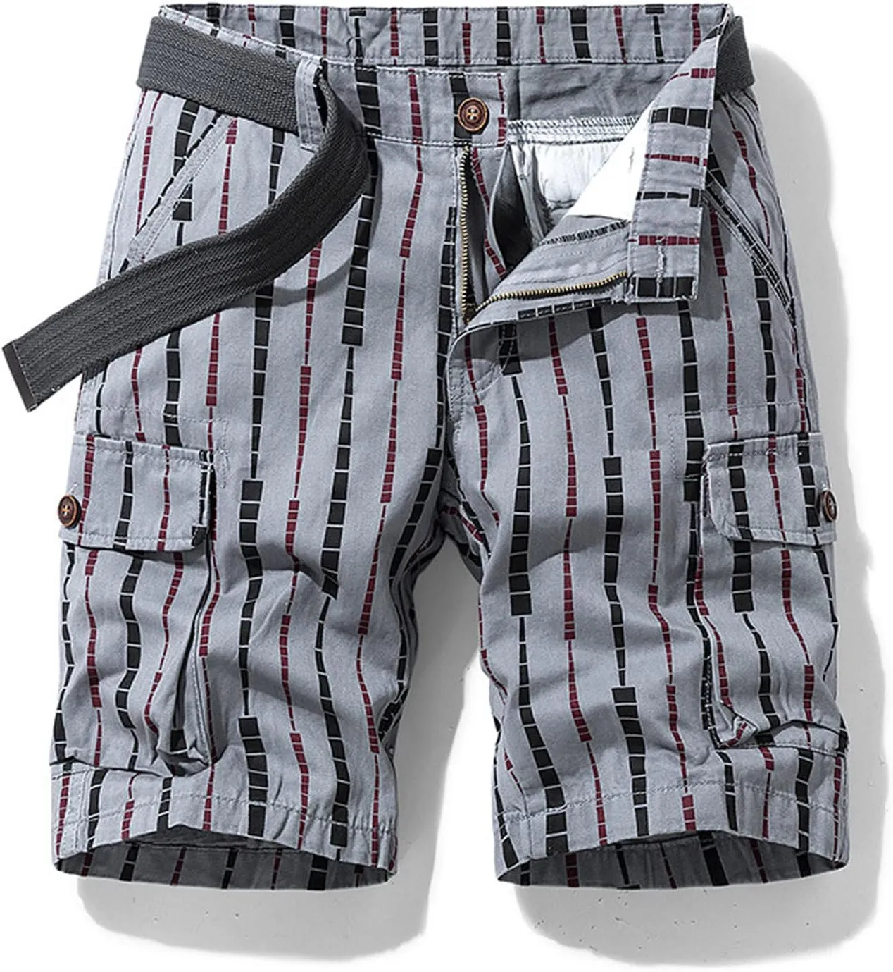 Men's Athletic Shorts Classic Fit Cotton Striped Multi Pockets Cargo Shorts Fashion Outdoor Buckle Zipper Shorts