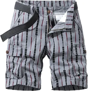 Men's Athletic Shorts Classic Fit Cotton Striped Multi Pockets Cargo Shorts Fashion Outdoor Buckle Zipper Shorts