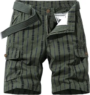 Men's Athletic Shorts Classic Fit Cotton Striped Multi Pockets Cargo Shorts Fashion Outdoor Buckle Zipper Shorts
