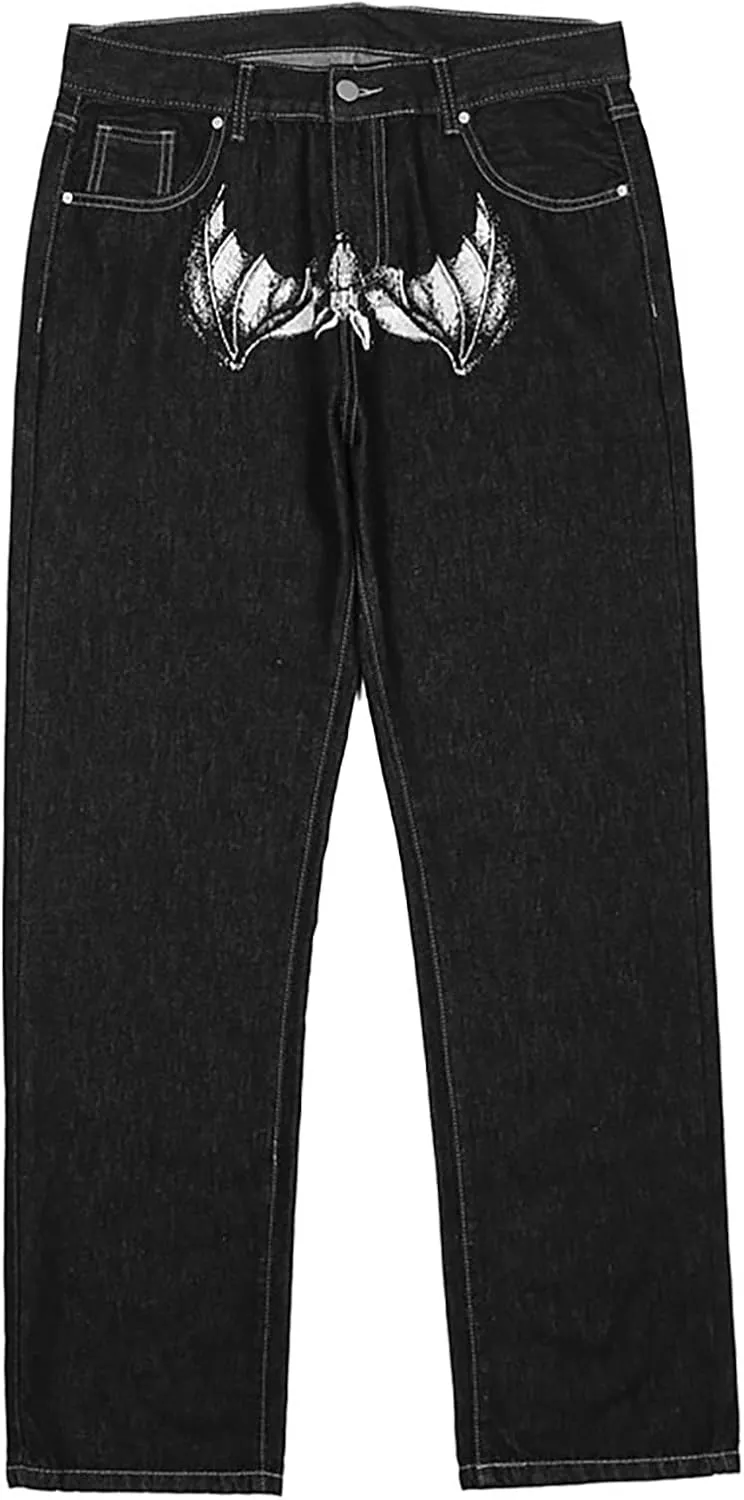 Men's Baggy Jeans Streetwear Fashion Printed Hip Hop Loose Fit Straight Leg Denim Pant Trousers with Multi Pockets