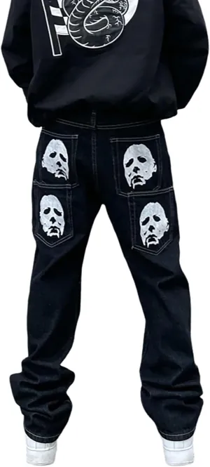 Men's Baggy Jeans Streetwear Fashion Printed Hip Hop Loose Fit Straight Leg Denim Pant Trousers with Multi Pockets