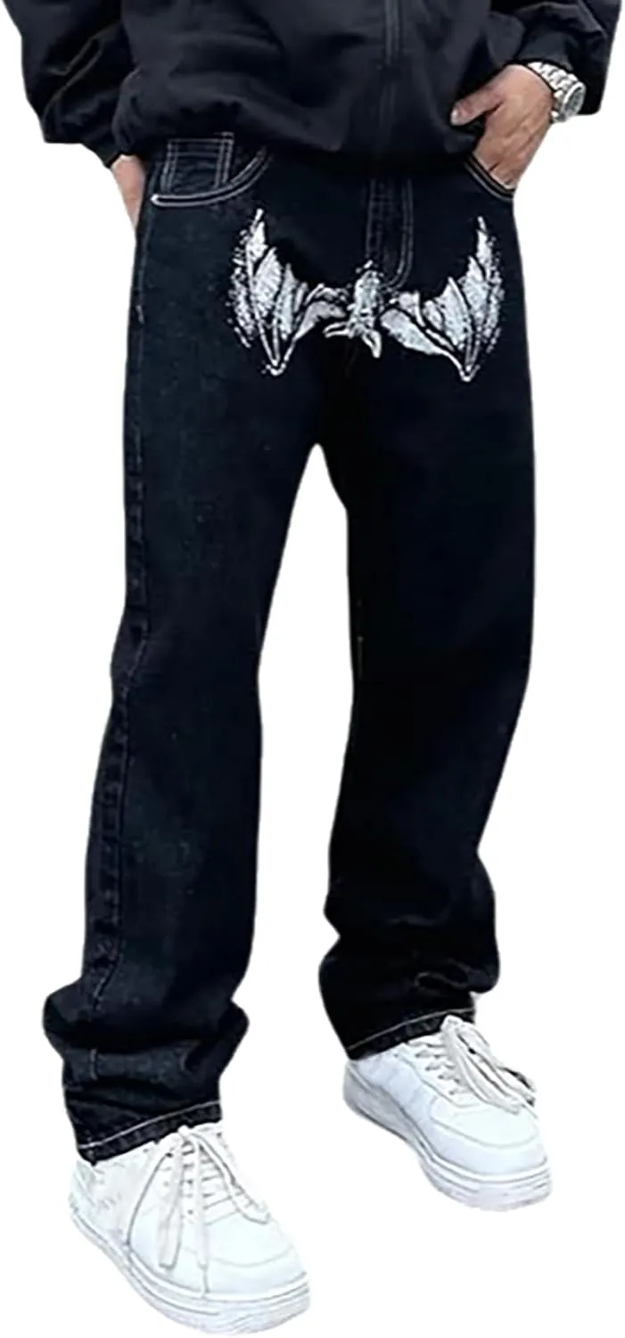 Men's Baggy Jeans Streetwear Fashion Printed Hip Hop Loose Fit Straight Leg Denim Pant Trousers with Multi Pockets