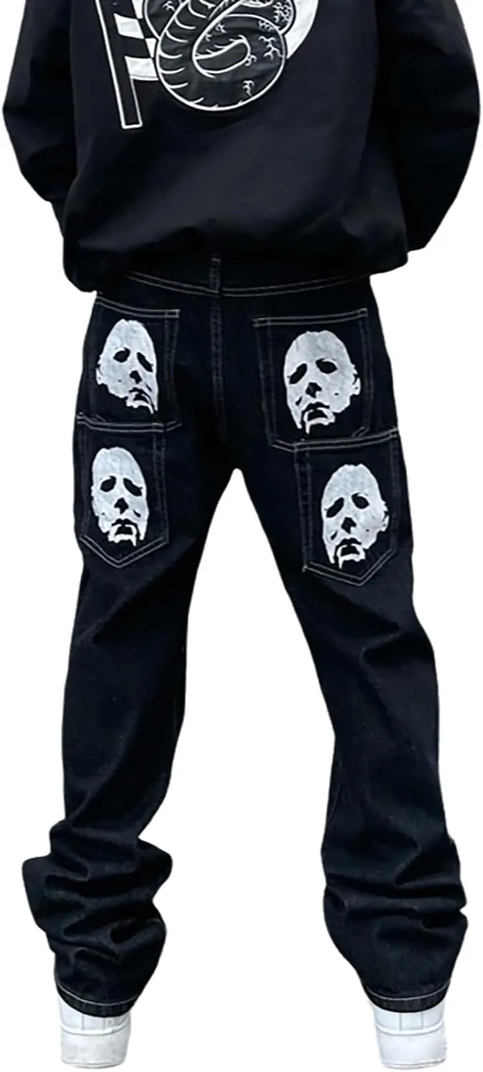 Men's Baggy Jeans Streetwear Fashion Printed Hip Hop Loose Fit Straight Leg Denim Pant Trousers with Multi Pockets