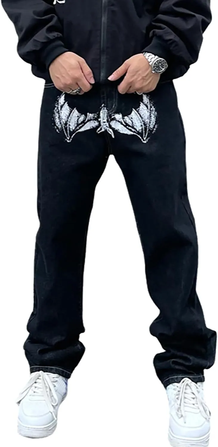 Men's Baggy Jeans Streetwear Fashion Printed Hip Hop Loose Fit Straight Leg Denim Pant Trousers with Multi Pockets