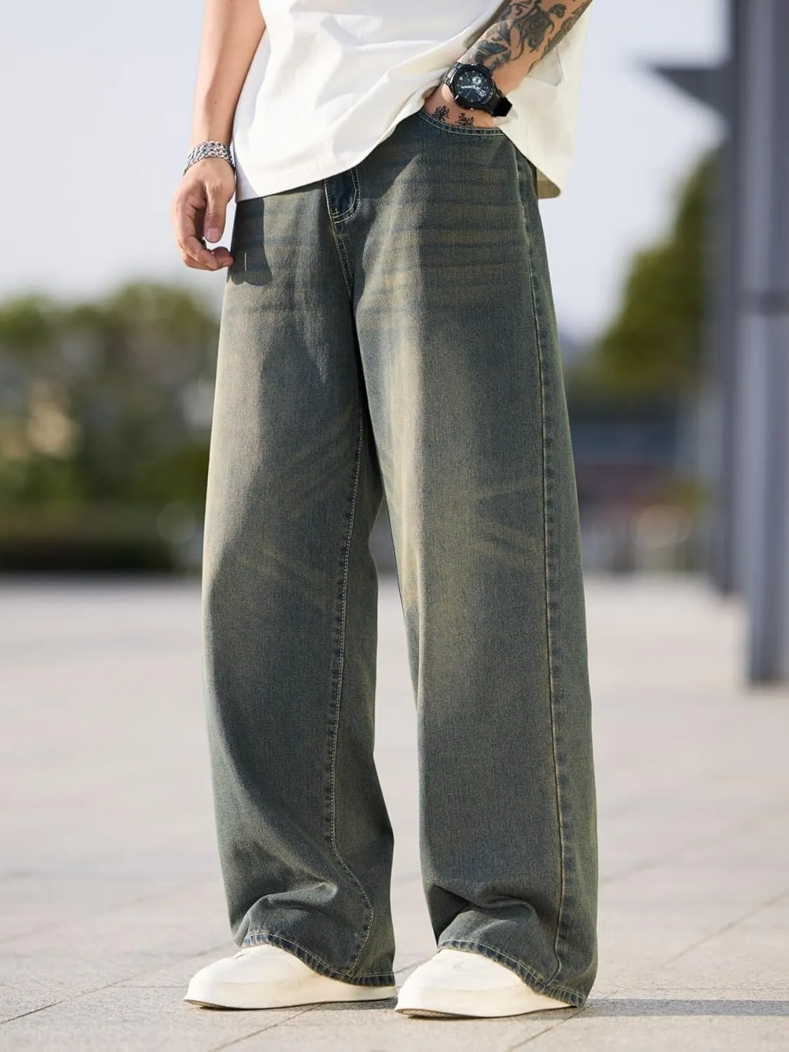 Mens Baggy Jeans with Cargo Pockets Goth Steampunk Y2k Wide Leg Denim Pants Skater Streetwear