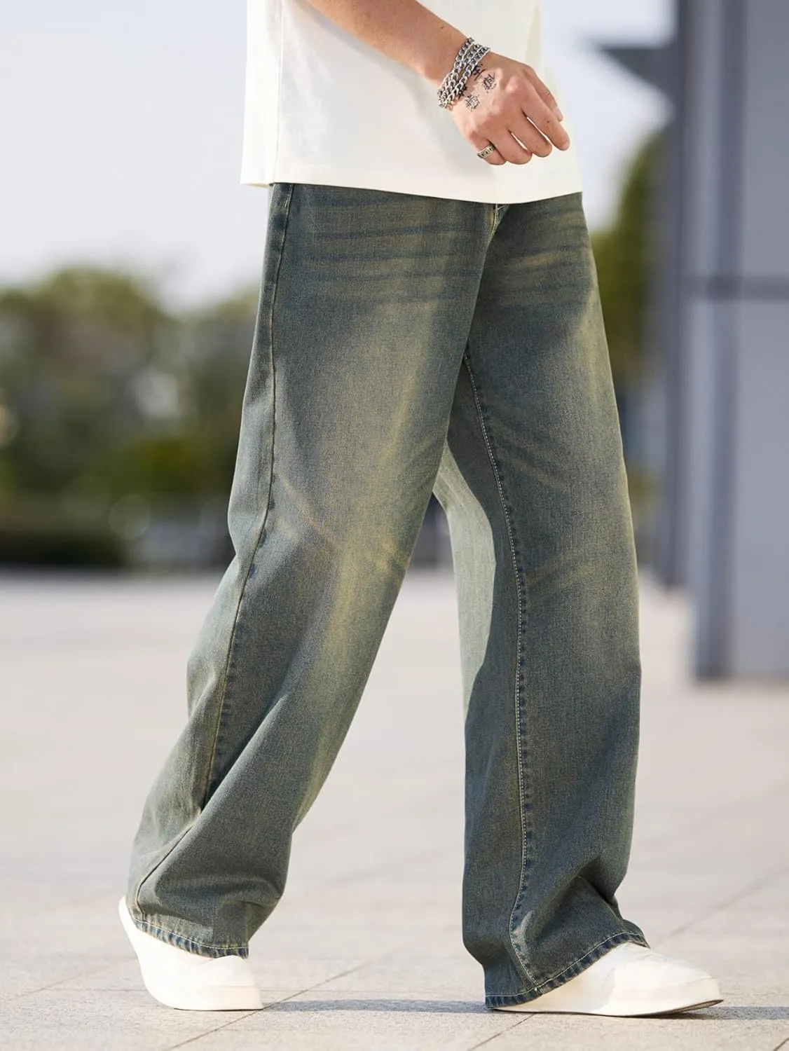 Mens Baggy Jeans with Cargo Pockets Goth Steampunk Y2k Wide Leg Denim Pants Skater Streetwear