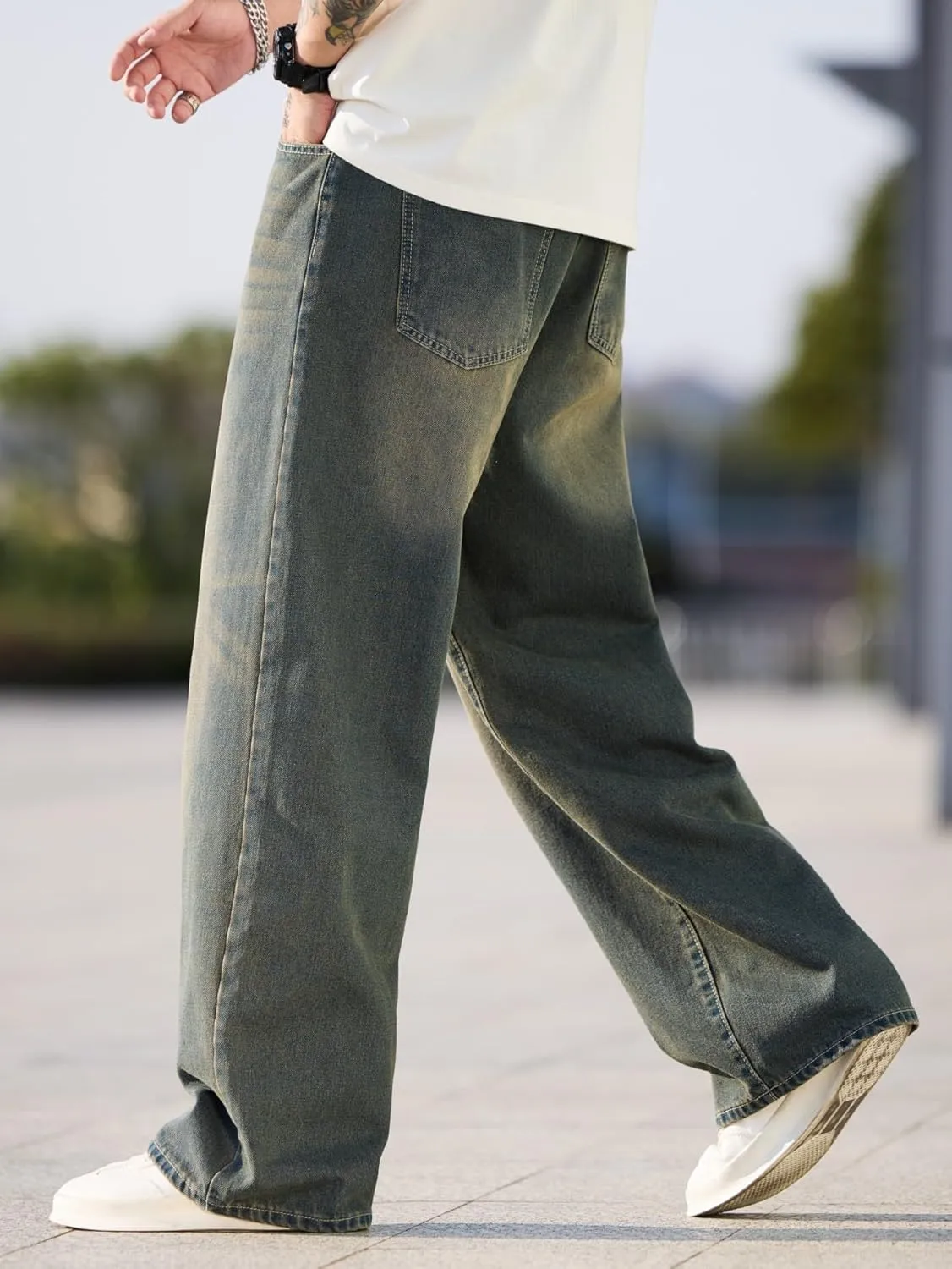 Mens Baggy Jeans with Cargo Pockets Goth Steampunk Y2k Wide Leg Denim Pants Skater Streetwear