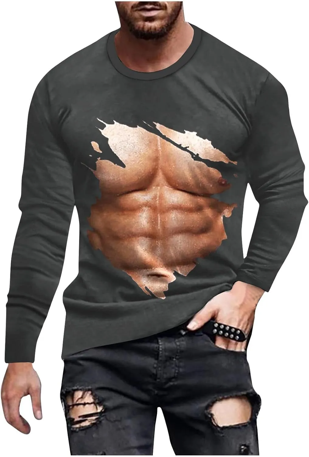 Mens Big and Tall Long Sleeve Shirts Casual Stylish 3D Muscle Graphic Tee Shirts Loose Fitness Sport Pullover Top