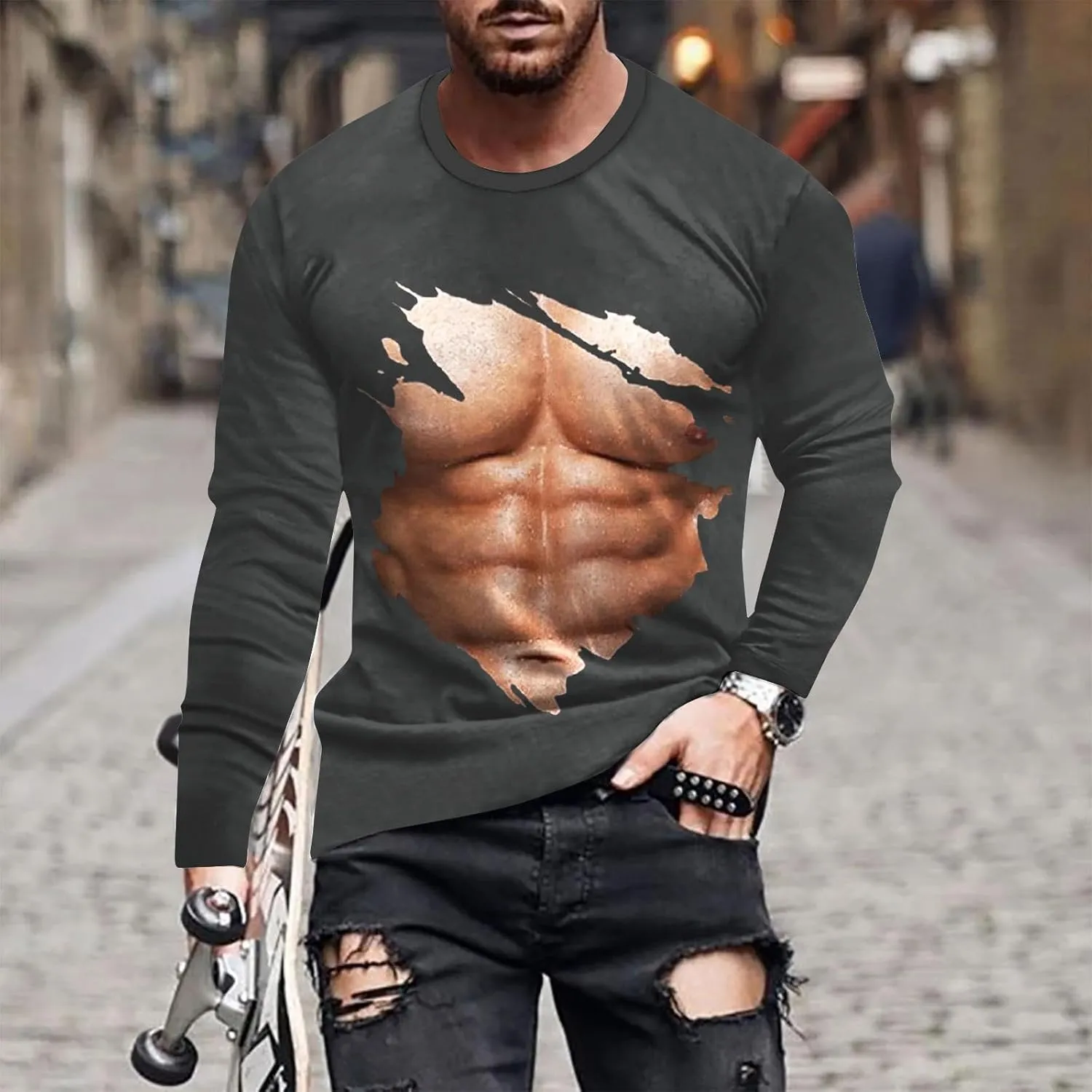 Mens Big and Tall Long Sleeve Shirts Casual Stylish 3D Muscle Graphic Tee Shirts Loose Fitness Sport Pullover Top