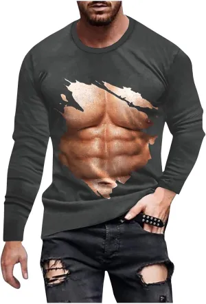 Mens Big and Tall Long Sleeve Shirts Casual Stylish 3D Muscle Graphic Tee Shirts Loose Fitness Sport Pullover Top