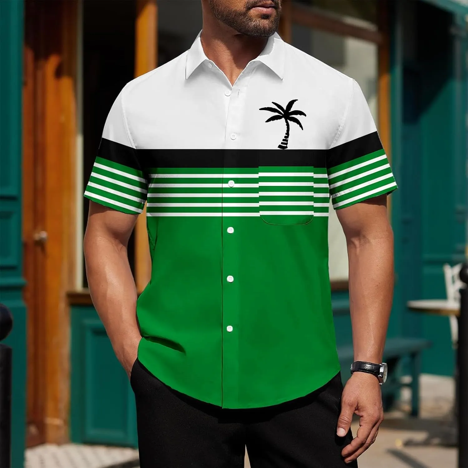 Men's Button Down Short Sleeve Tops Coconut Tree Print Beachwear Striped Shirts Hawaiian Shirt Casual Collar Neck Top
