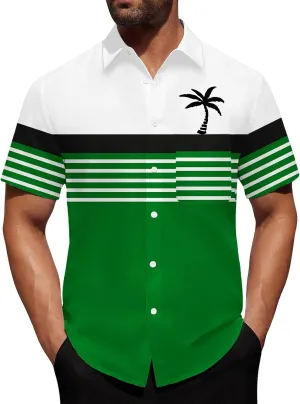 Men's Button Down Short Sleeve Tops Coconut Tree Print Beachwear Striped Shirts Hawaiian Shirt Casual Collar Neck Top