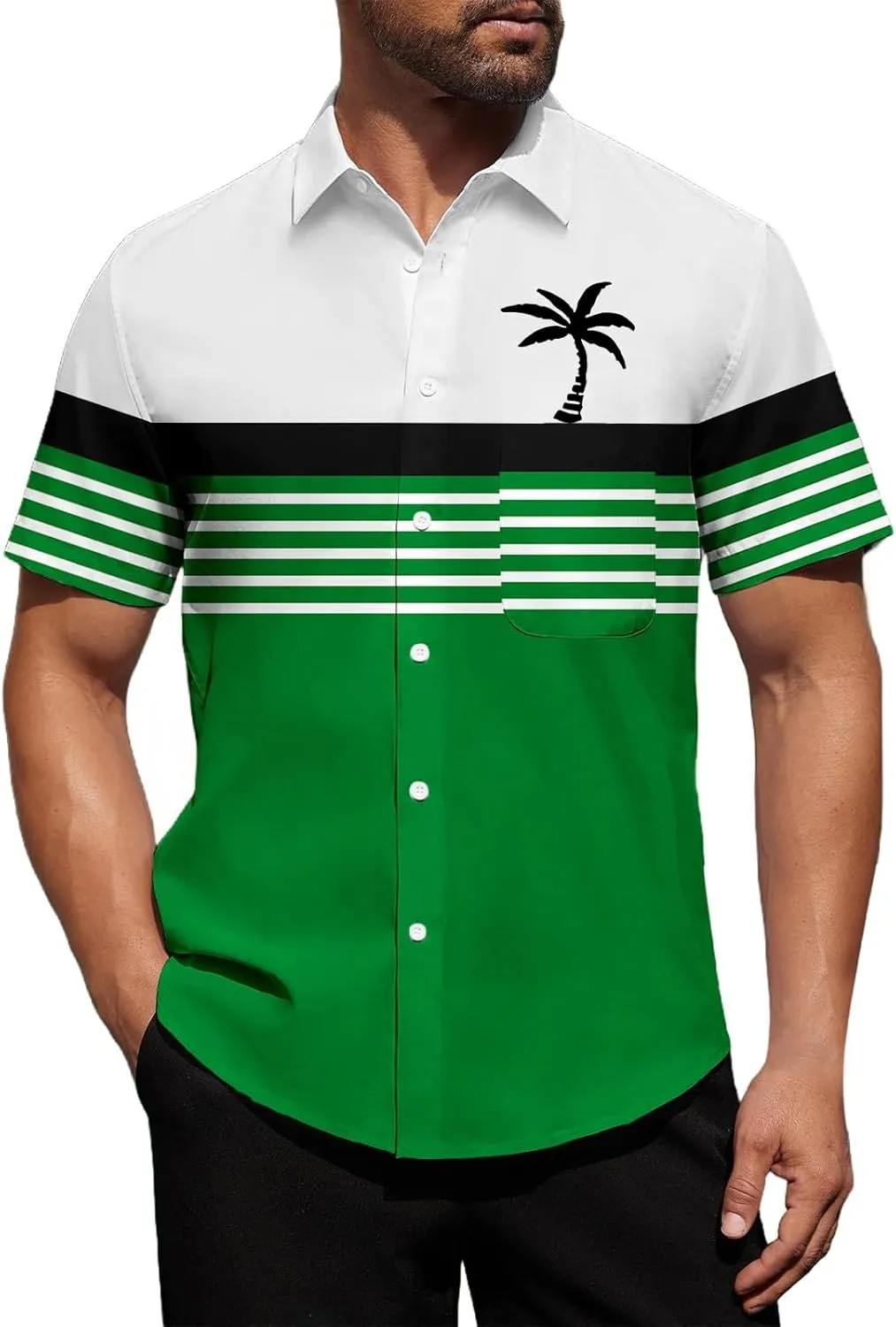 Men's Button Down Short Sleeve Tops Coconut Tree Print Beachwear Striped Shirts Hawaiian Shirt Casual Collar Neck Top
