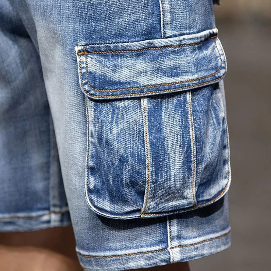 Men`s Cargo Denim Biker Jeans Shorts with Zippers