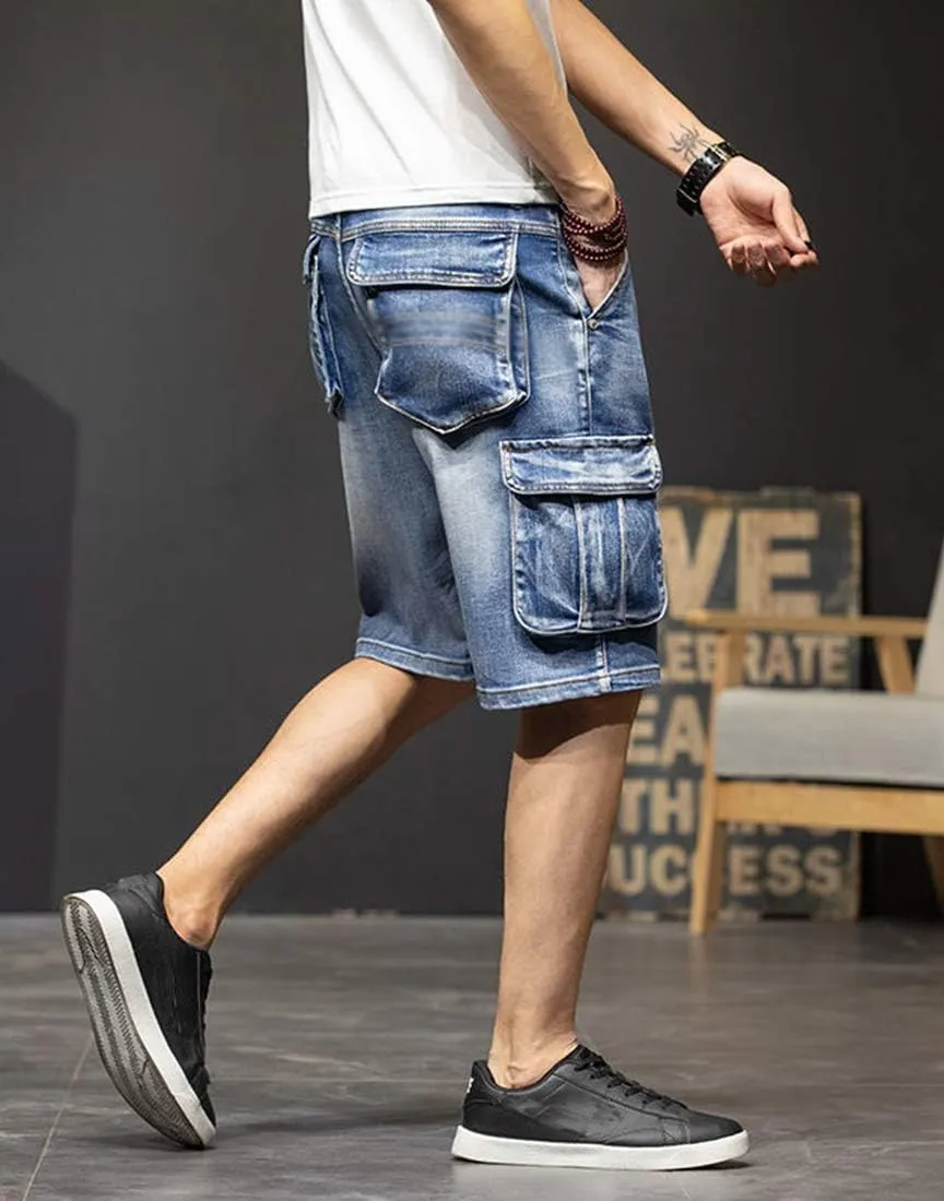 Men`s Cargo Denim Biker Jeans Shorts with Zippers