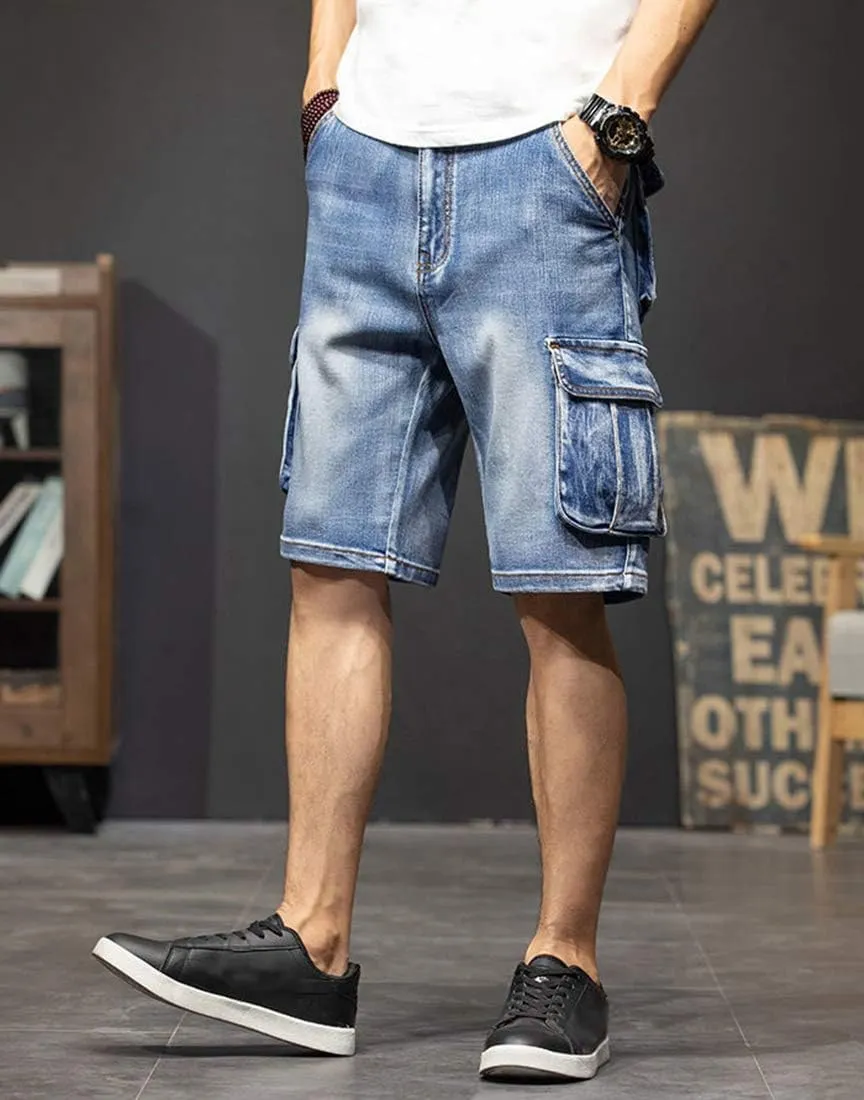 Men`s Cargo Denim Biker Jeans Shorts with Zippers