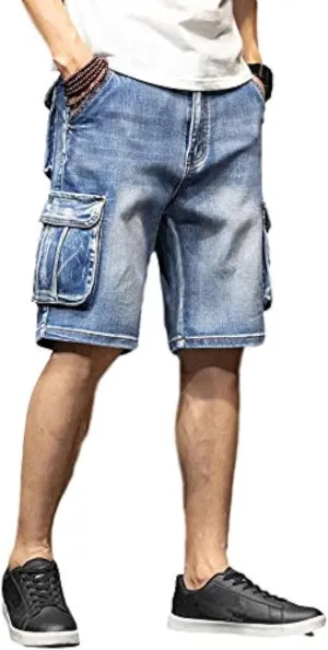 Men`s Cargo Denim Biker Jeans Shorts with Zippers