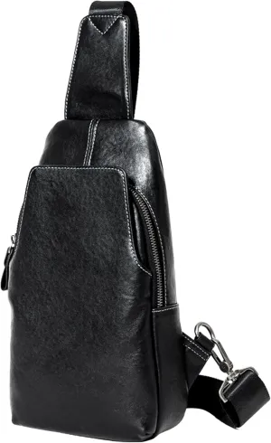 Men's Casual Daypack Genuine Leather Chest Sling Bag Classic Multi-Pocket Shoulder Bags for Outdoor Travel Cycling (Black)