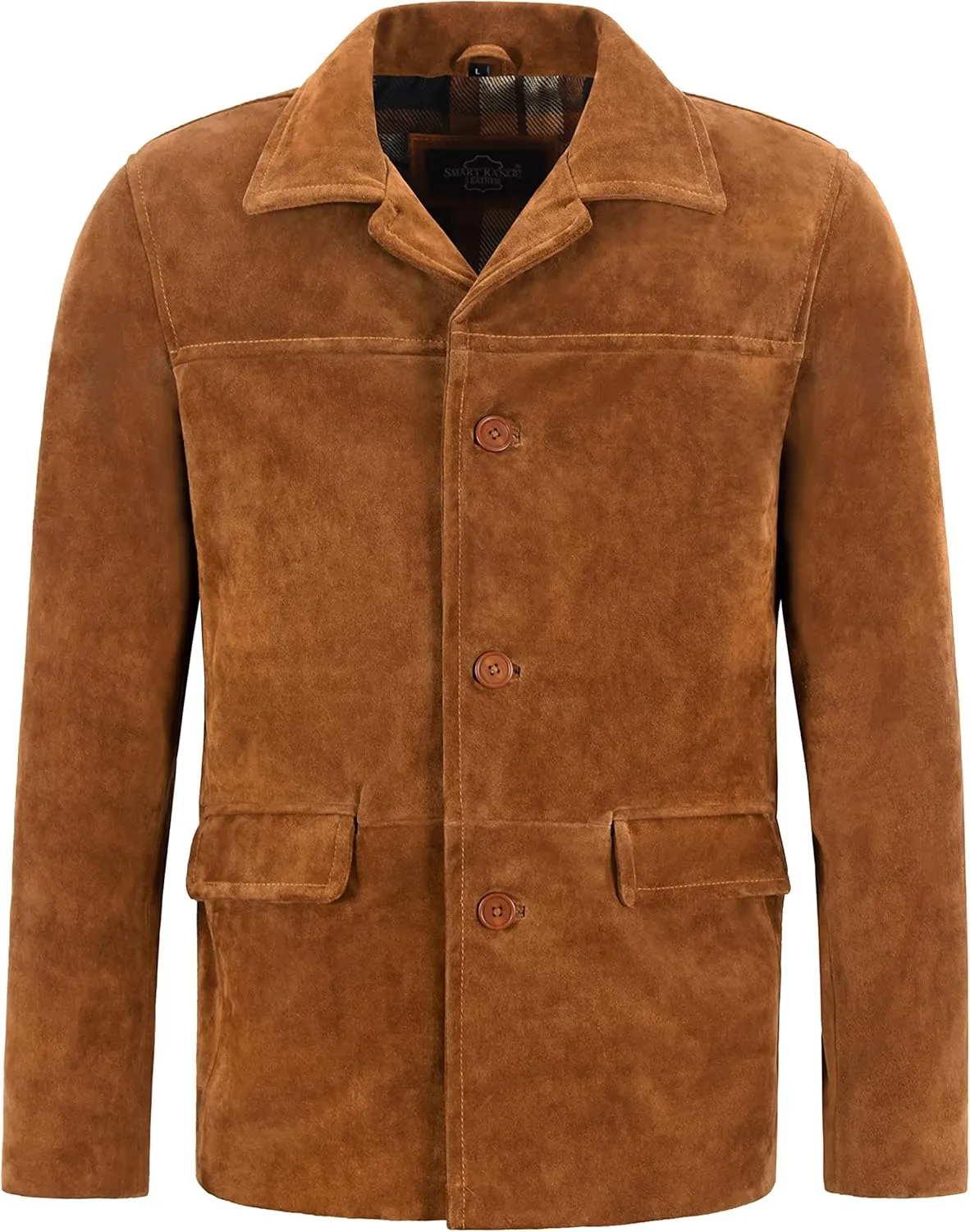 Men's Classic Collar Cow Suede Leather Box Button Fashion Coat Jacket Brant 7742 (XXL, Brown)