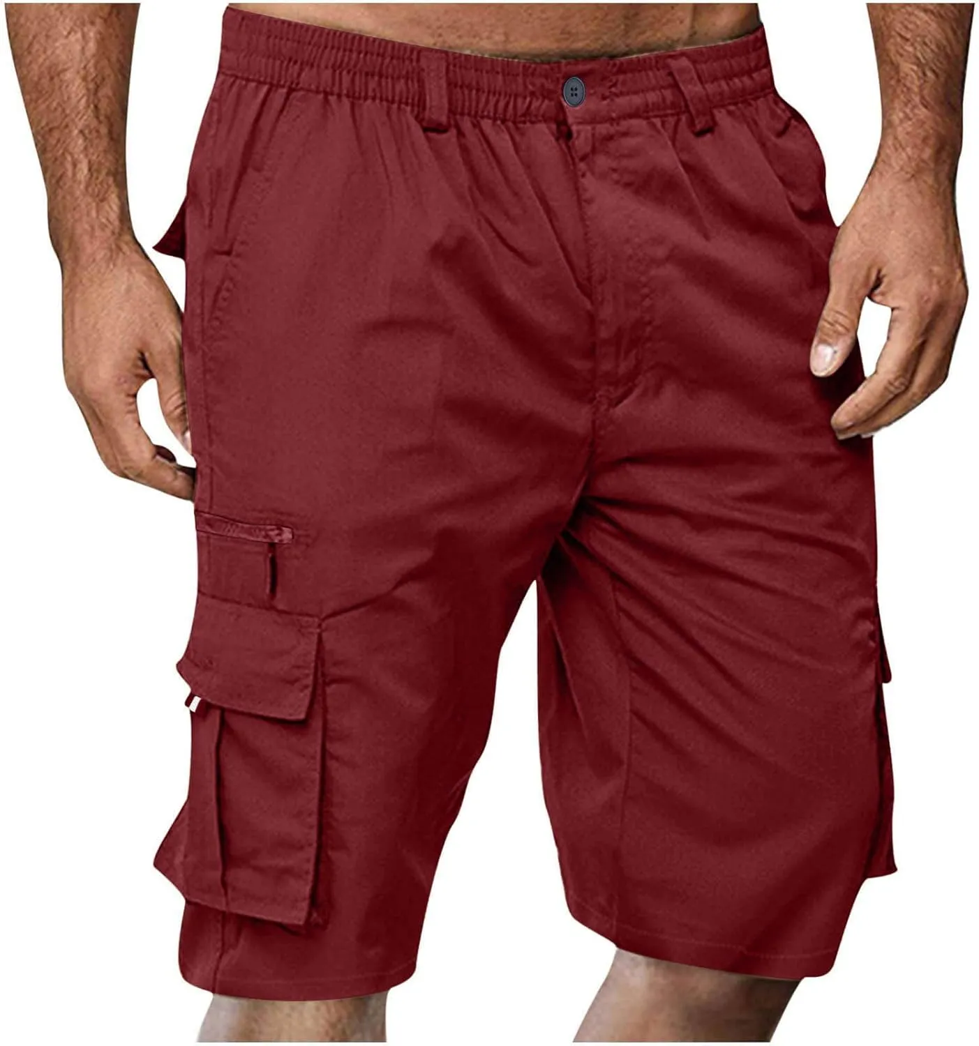 Men's Fashion Button Zipper Cropped Pants Casual Shorts High Elastic Waist Multi-Pocket Straight Leg Comfy Leggings
