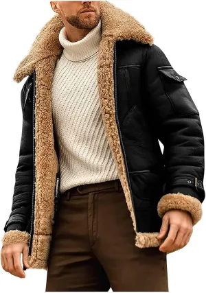Men's Faux Fur Jacket Lined Fleece Shearling Coat Warm Military Cargo Trucker Aviator Bomber Jacket Outwear (Color : Black, Size : 5X-Large)