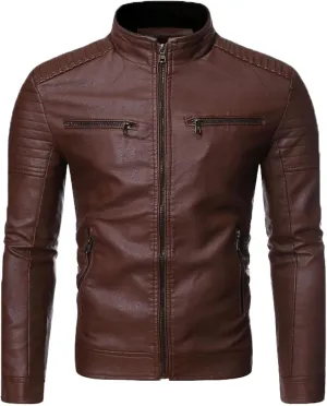 Men's Faux Zip-Up Slim Armor Leather Jacket Stand Collar PU Motorcycle Biker Outerwear Long Sleeve Coat Jackets