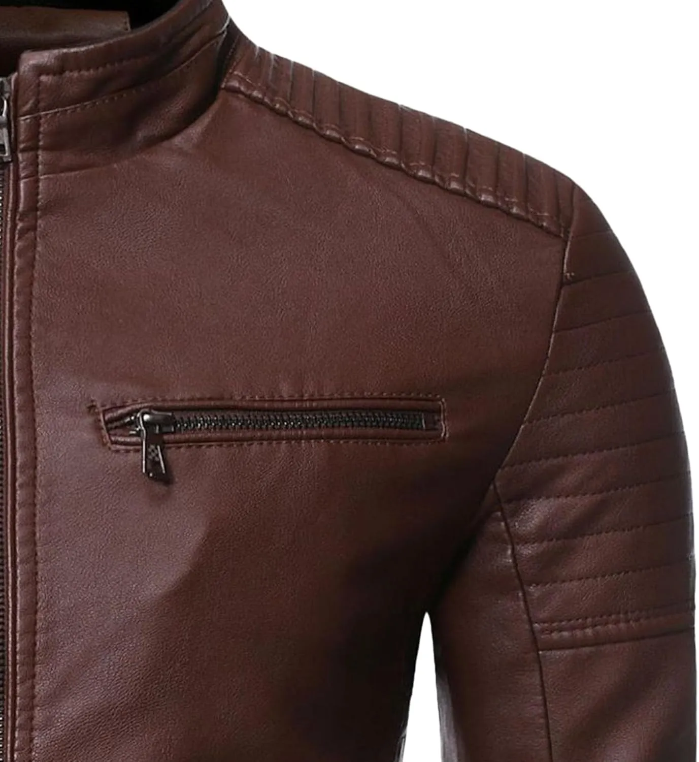 Men's Faux Zip-Up Slim Armor Leather Jacket Stand Collar PU Motorcycle Biker Outerwear Long Sleeve Coat Jackets