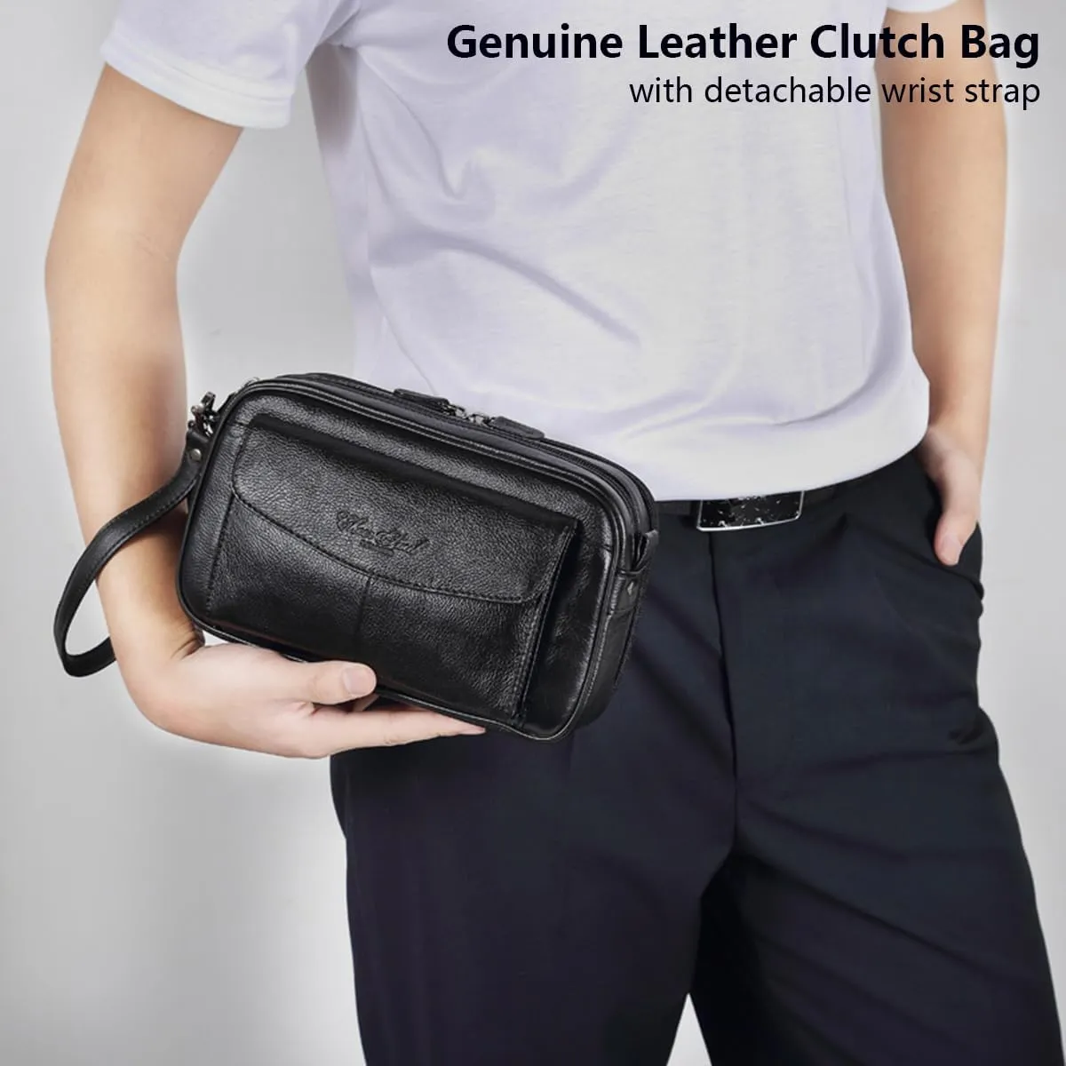Men's Genuine Leather Clutch Bag Long Wallet, Small Phone Handbag Large Capacity Zipper Travel Pouch Coin Purse