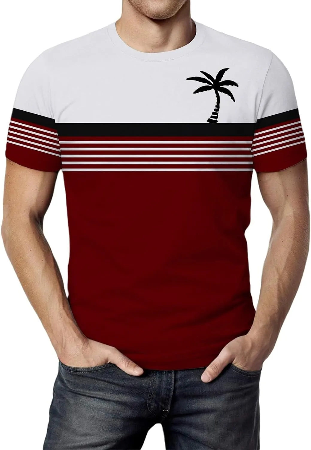 Men's Hawaiian Shirts Button Down Short Sleeve Crew Neck Tropical Holiday Beach Striped Coconut Tree Graphic Shirt