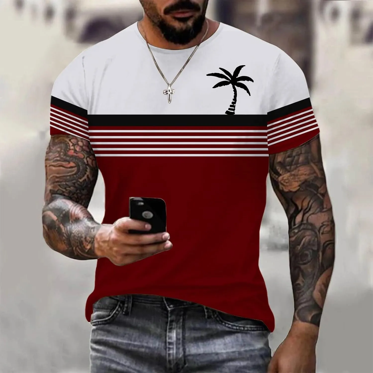 Men's Hawaiian Shirts Button Down Short Sleeve Crew Neck Tropical Holiday Beach Striped Coconut Tree Graphic Shirt