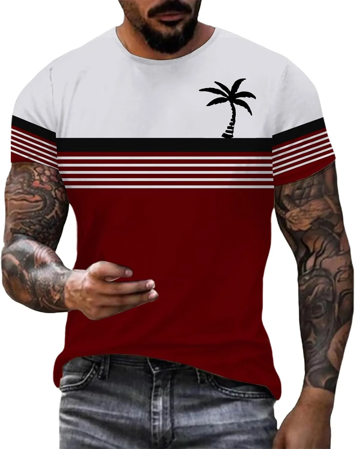 Men's Hawaiian Shirts Button Down Short Sleeve Crew Neck Tropical Holiday Beach Striped Coconut Tree Graphic Shirt