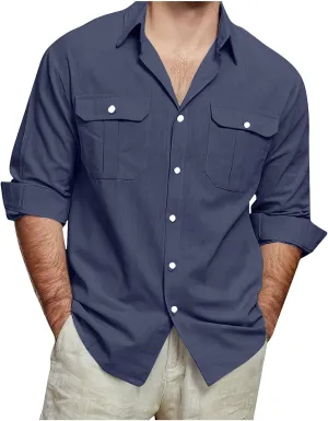 Mens Linen Shirt Long Sleeve Button Down Solid Color Beach Hawaiian Shirts Plus Size Loose Blouse with Pocket 2025