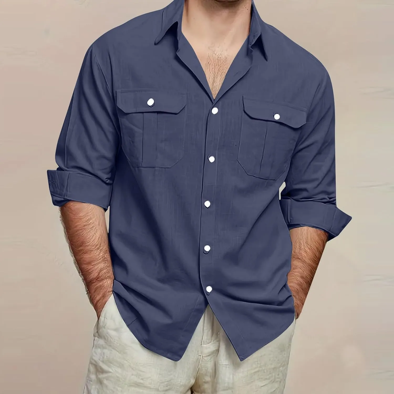 Mens Linen Shirt Long Sleeve Button Down Solid Color Beach Hawaiian Shirts Plus Size Loose Blouse with Pocket 2025