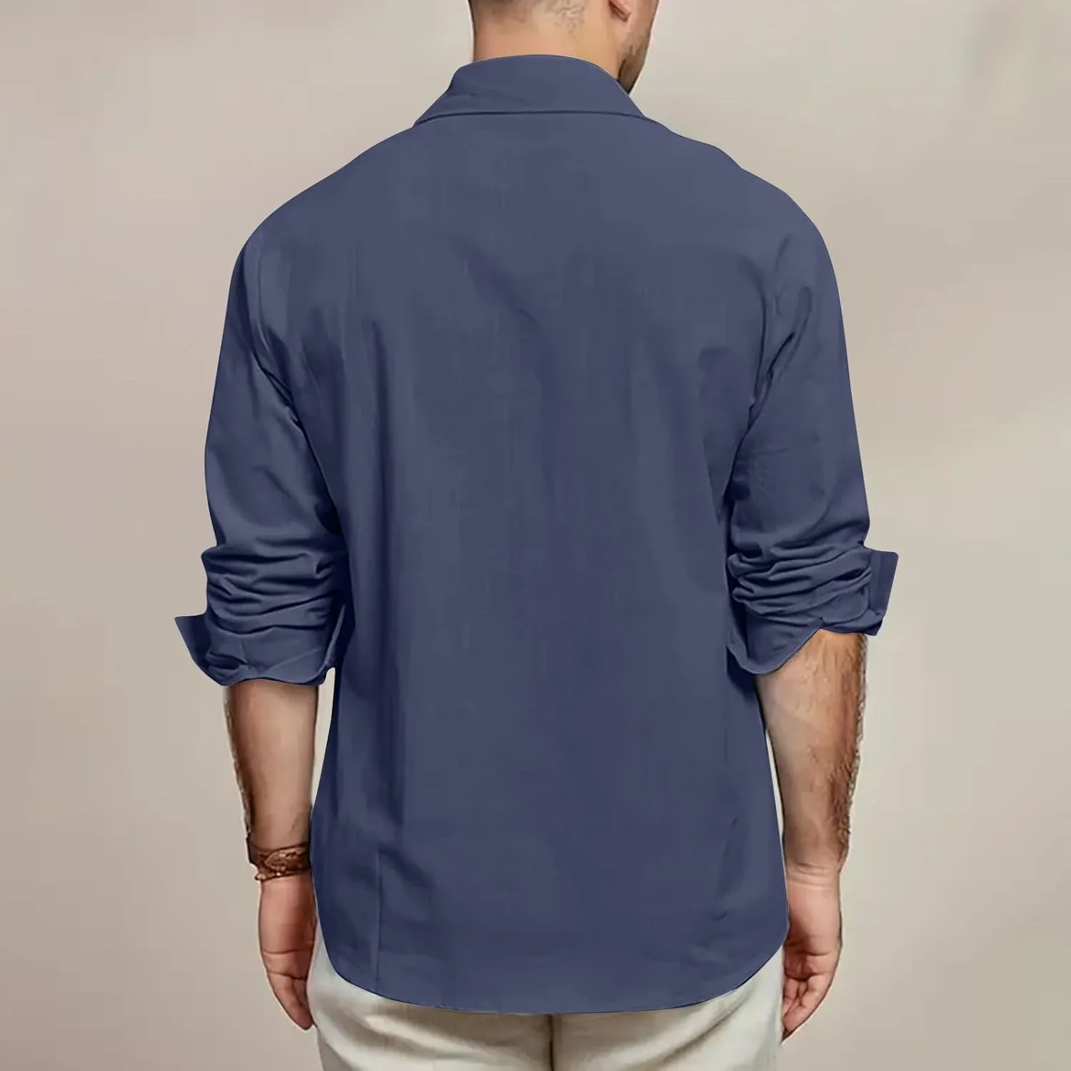 Mens Linen Shirt Long Sleeve Button Down Solid Color Beach Hawaiian Shirts Plus Size Loose Blouse with Pocket 2025