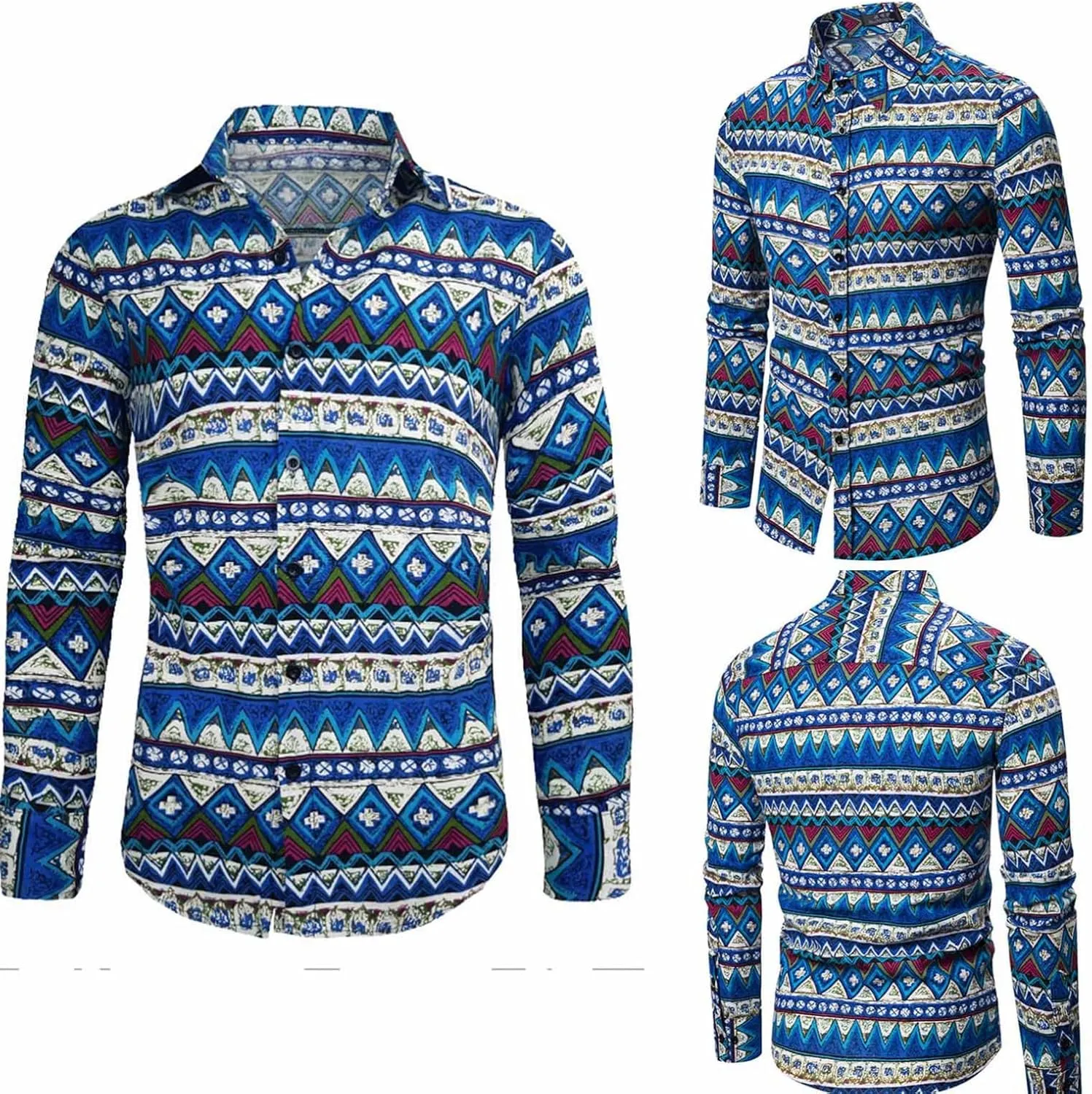 Men's Linen Shirt Long Sleeve Printed Ethnic Style Fashion Cotton Blouses 2025 Aztec Casual Loose Button Down Tops
