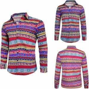 Men's Linen Shirt Long Sleeve Printed Ethnic Style Fashion Cotton Blouses 2025 Aztec Casual Loose Button Down Tops