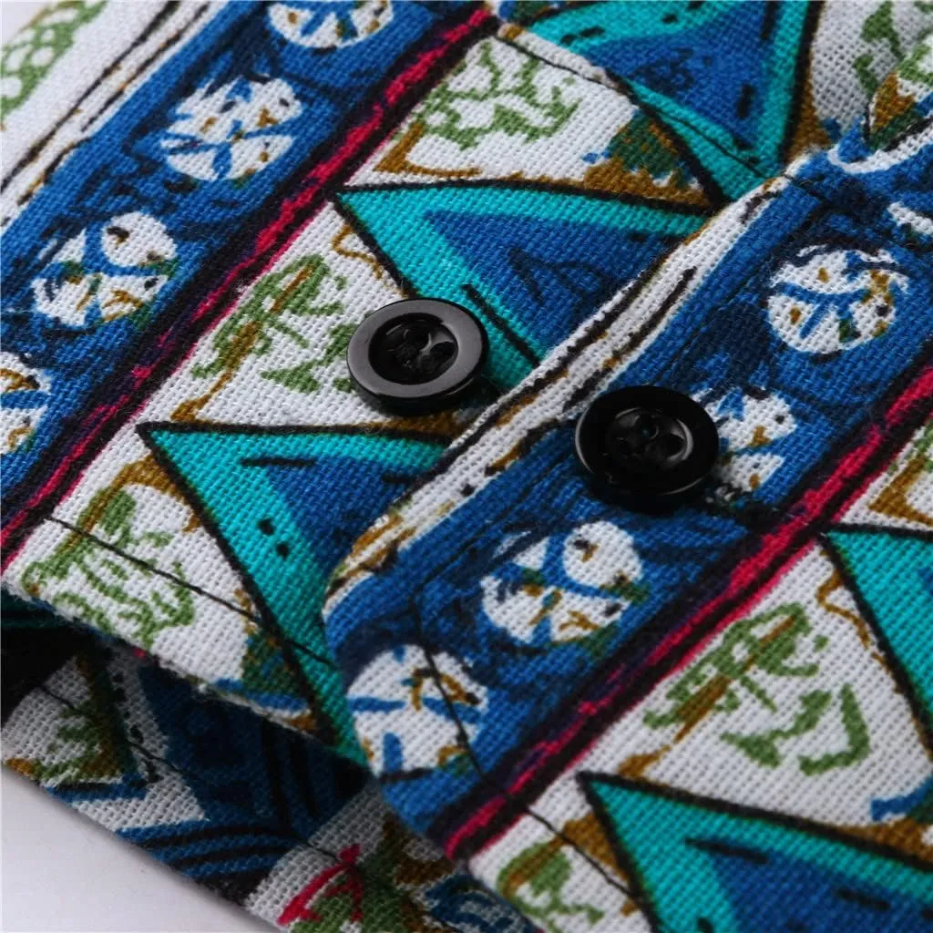 Men's Linen Shirt Long Sleeve Printed Ethnic Style Fashion Cotton Blouses 2025 Aztec Casual Loose Button Down Tops