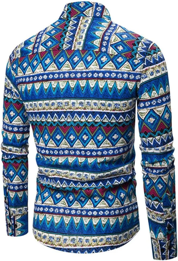 Men's Linen Shirt Long Sleeve Printed Ethnic Style Fashion Cotton Blouses 2025 Aztec Casual Loose Button Down Tops