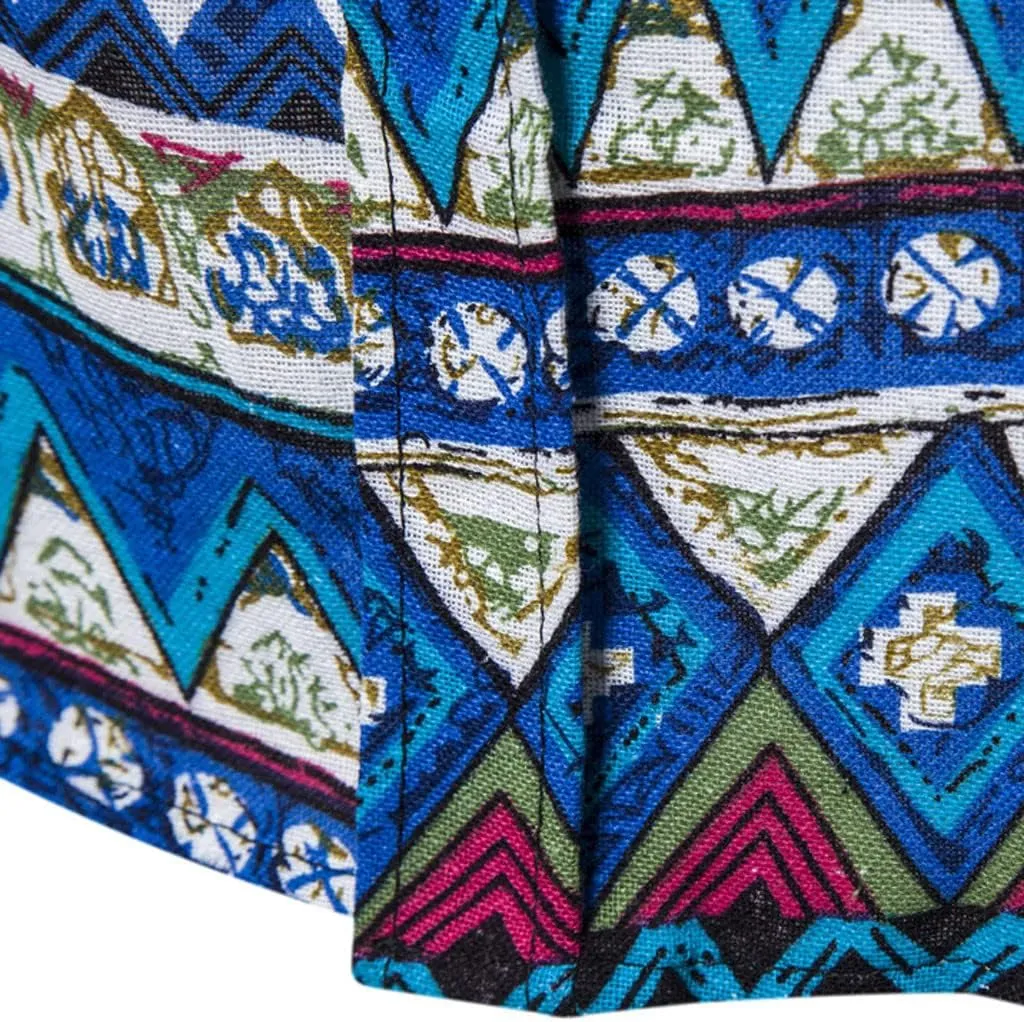 Men's Linen Shirt Long Sleeve Printed Ethnic Style Fashion Cotton Blouses 2025 Aztec Casual Loose Button Down Tops