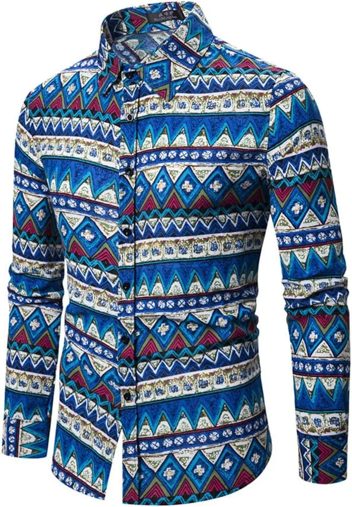 Men's Linen Shirt Long Sleeve Printed Ethnic Style Fashion Cotton Blouses 2025 Aztec Casual Loose Button Down Tops